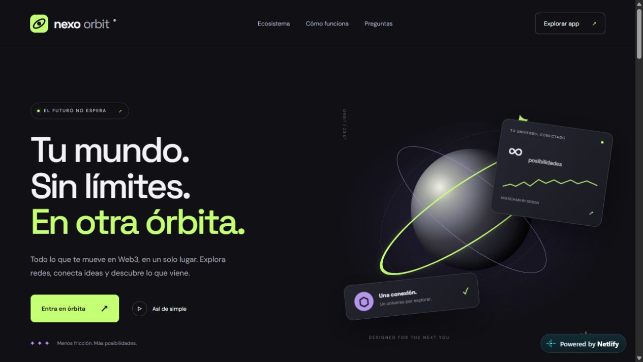 Vista de la página de inicio de Nexo Orbit